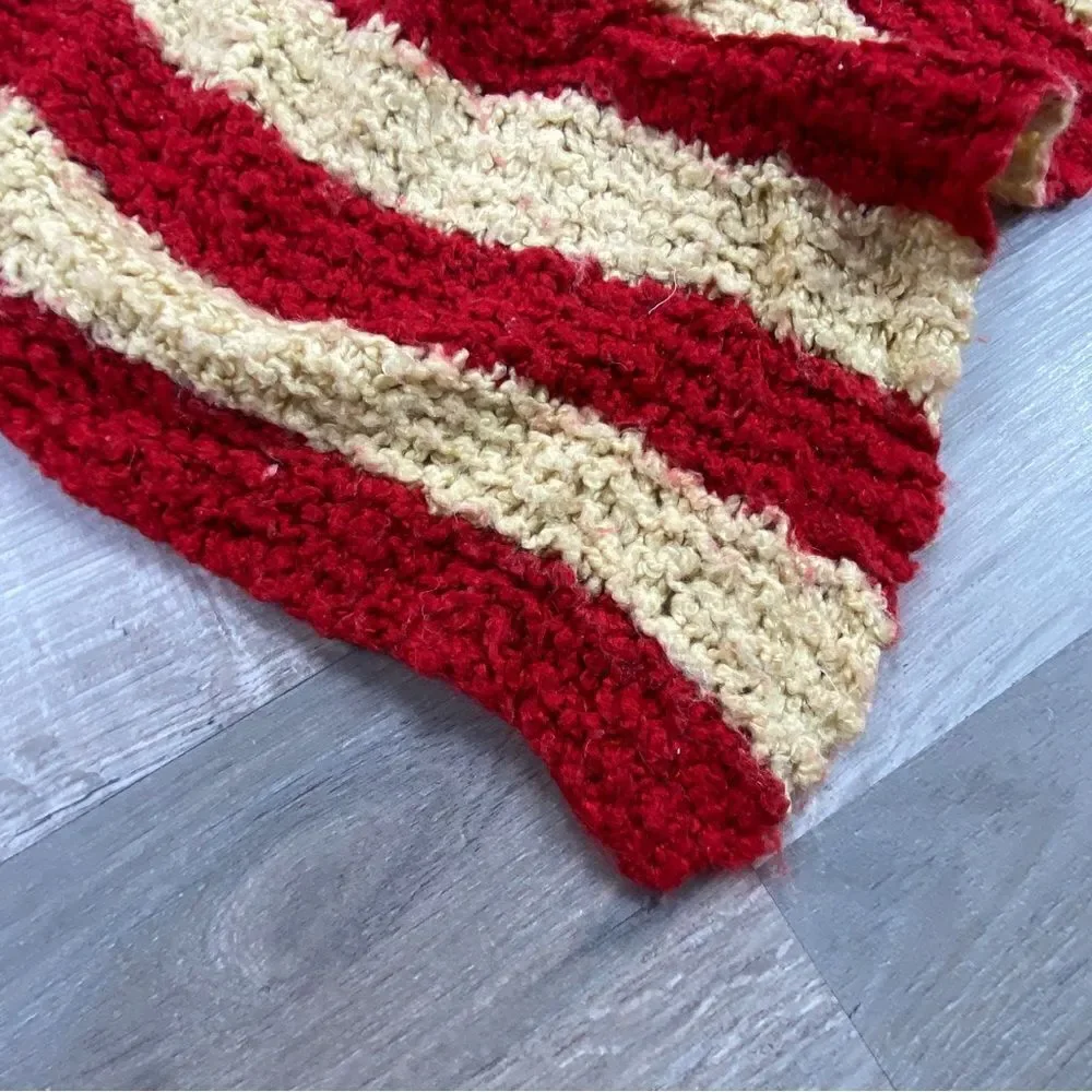 Striped Boucle Knit‎ Afghan Blanket Red Beige Boho 58 x 58